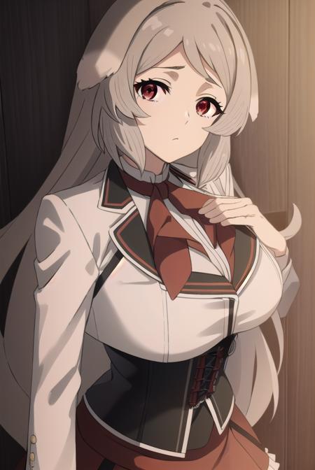 pursenaadoldia, <lyco:pursenaadoldias2-lyco-nochekaiser:1>,
pursena adoldia, long hair, (red eyes:1.5), animal ears, very long hair, grey hair,
BREAK skirt, long sleeves, pantyhose, frills, shoes, red skirt,  loafers, white pantyhose, blazer, (white blazer:1.5), corset, (black corset:1.5),
BREAK indoors, classroom,
BREAK looking at viewer, (cowboy shot:1.5),
BREAK <lyco:GoodHands-beta2:1>, (masterpiece:1.2), best quality, high resolution, unity 8k wallpaper, (illustration:0.8), (beautiful detailed eyes:1.6), extremely detailed face, perfect lighting, extremely detailed CG, (perfect hands, perfect anatomy),