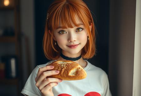 8k analog photo, (realistic:1.2), best studio quality, masterpiece, super realistic, extreme cinematic,beautiful soft light, aesthetic, hight detailed realistic light and shadows, realistic light aberration, solo, 1girl, orange hair, yellow eyes, medium hair, mushroom cut, swept bangs, large breasts, white t-shirt with red heart, black choker, silver hairclip, holding a piece of bread, presenting a piece of bread, upper body, smile,