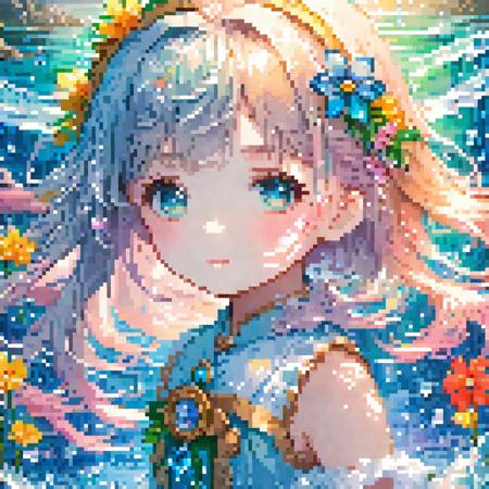 8k Wallpaper,grand,(((masterpiece))), (((best quality))), ((ultra-detailed)), (illustration), ((an extremely delicate and beautiful)),dynamic angle,rainbow hair,detailed cute anime face,((little girl)),(((masterpiece))),an extremely delicate and beautiful girl,flower,cry,water,corrugated,flowers tire,broken glass,(broken screen),atlantis,transparent glass