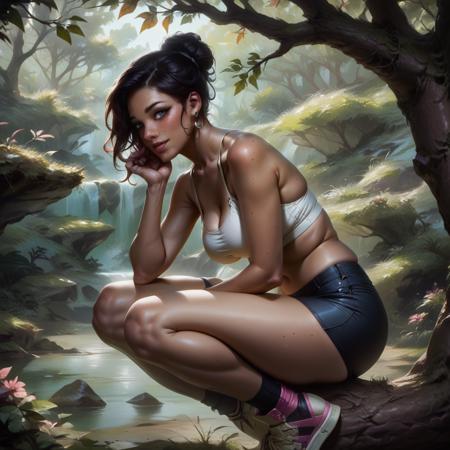 score_9, score_8_up, score_7_up, score_6_up,1girl,black leggings,white top, ebony, brown skin, tanned skin,run on path in the european forest,realistic landscape,sun tan lines,long hair in a bun,in sneakers,fullbody,curvy body,beautiful face,perfect face,detailed face,beautiful makeup<lora:add-detail-xl:1>  <lora:Concept Art Twilight Style SDXL_LoRA_Pony Diffusion V6 XL:1> <lora:2.5DRealistic:1>,<lora:egirlmakeup:0.8>,egirlmakeup,side view,sitting on tree branch
