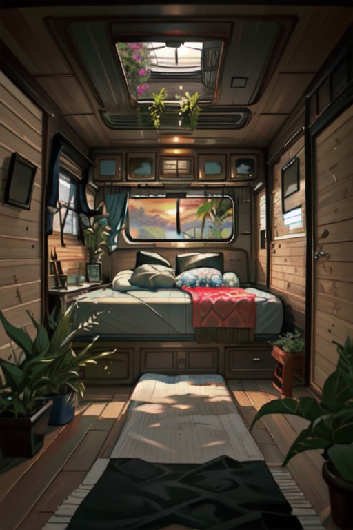 inside a cozy campervan, comfy bed and warm blanket, plants, flowers, decoration, view from the back on quiet beach, sunri...