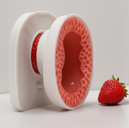 fleshlight detailed product in front of a white wall, orifice is shaped like a strawberry