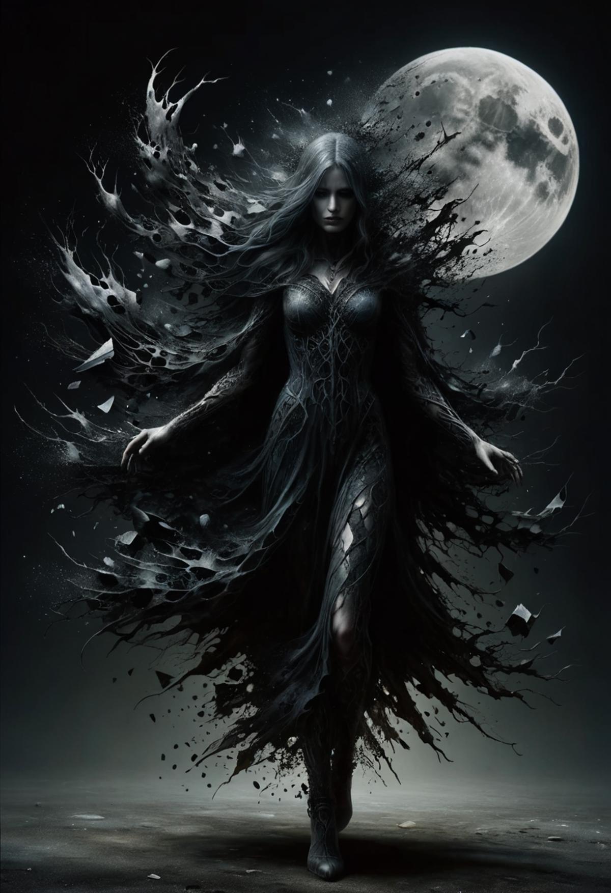 A painting of a woman with black hair and a black dress standing in front of the moon.