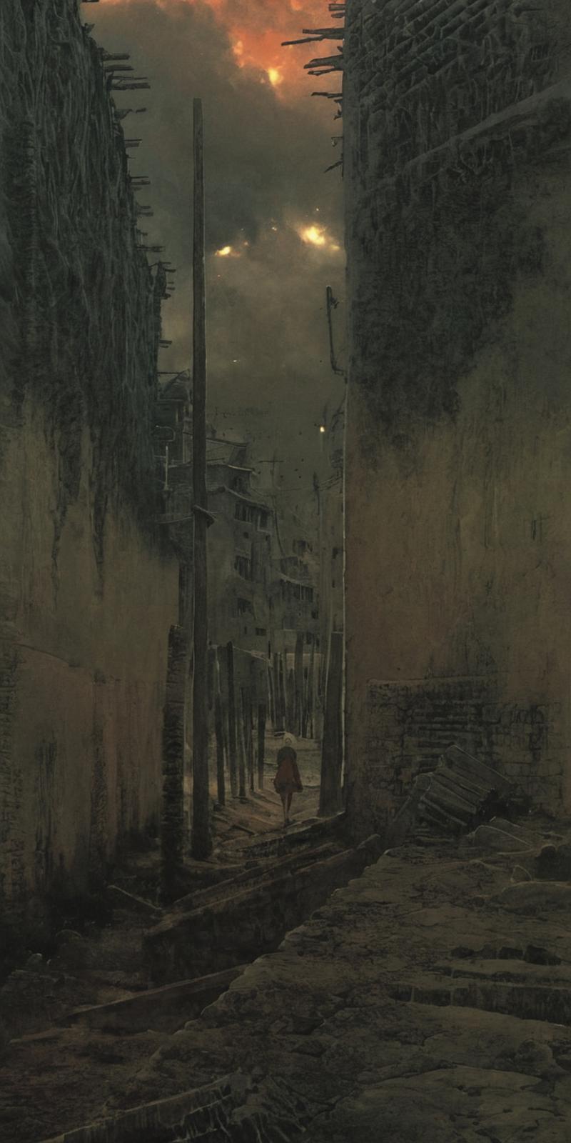 A person walking down a dark alley in the city between two buildings.
