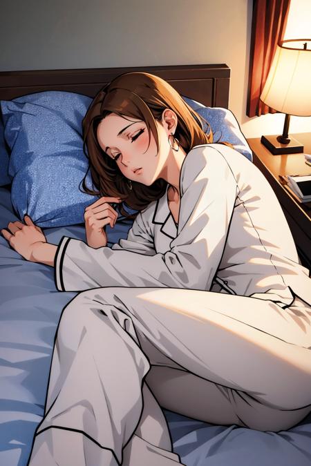 masterpiece, best quality, <lora:kinue-nvwls-v1-000009:0.7> kinue, earrings, white pajamas, pajama pants, sleeping, bed, lying in bed