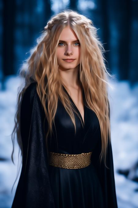 portrait of the wo_dakpink01, head and shoulders shot, smile, long blonde hair, wearing a black witch outfit, black background, global illumination, high details, UHD, RAW, HDR effect, beautiful, aesthetic, perfect lighting, <lora:woDakotaPink01:0.85>