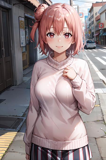 (masterpiece, best quality:1.4), looking at viewer, cowboy shot, smile, closed mouth, yui yuigahama, single hair bun, pink sweater, plaid skirt, street, <lora:yui_yuigahama_v1:0.7>