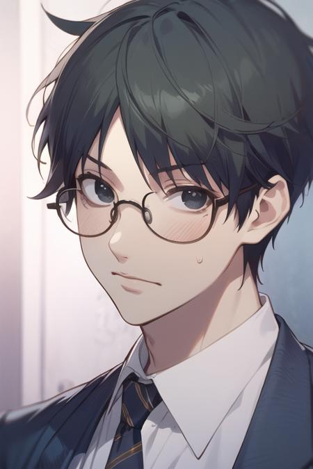 masterpiece, best quality, high quality, 1boy, solo, male focus, looking at viewer, upper body, <lora:takezou_kurata:0.78>, takezou_kurata, black hair, glasses, black eyes, ,