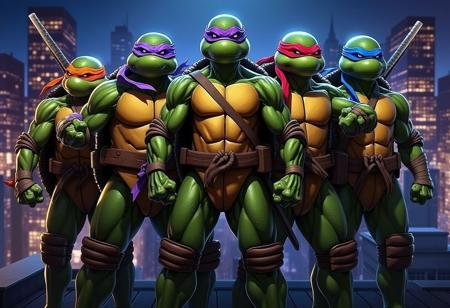 TMNTGroup TMNTRaphael TMNTMichelangelo TMNTLeonardo TMNTDonatello wearing purple bandana mask with eye-holes wearing orange bandana mask with eye-holes wearing red bandana mask with eye-holes wearing blue bandana mask with eye-holes a teenage mutant ninja turtle a group of teenage mutant ninja turtles TMNTLastRonin