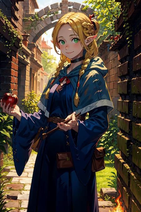 masterpiece, best quality,  <lora:marcille:1>,1girl, staff, blonde hair, solo, pointy ears, braid, robe, fruit, elf, fire, smile, food, twin braids, long hair, holding, looking at viewer, fantasy, holding staff, tree, green eyes, outdoors, wide sleeves, apple, magic, nature, standing, hood, brown eyes, pouch, hair ornament, bag, long sleeves