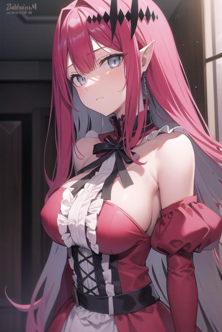 baobhan sith, (grey eyes:1.5), long hair, pink hair, pointy ears, cross-laced clothes, cross-laced dress, cross-laced legwear, detached sleeves, dress, pink dress, frilled dress, frills, hair ornament, red ribbon, red sleeves, ribbon,