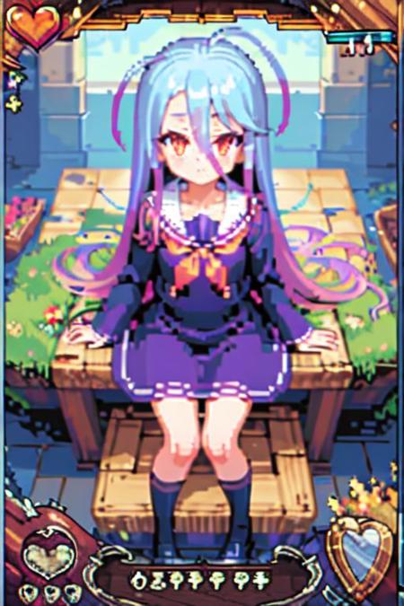 masterpiece, best quality,  (little girl:1.2) , (aged down:1.2),  school uniform , Pixel art ,  card , gameplay mechanics, 
very long hair,blue hair, multicolored hair,  hair between eyes,