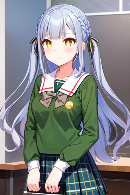 closed mouth, <lora:togawasakiko2:0.85>, togawa sakiko, (grey hair: 1.2), tsukinomori school uniform, green shirt, white sailor collar, green pleated skirt, plaid bow, long sleeves,, 1girl, solo, masterpiece, best quality