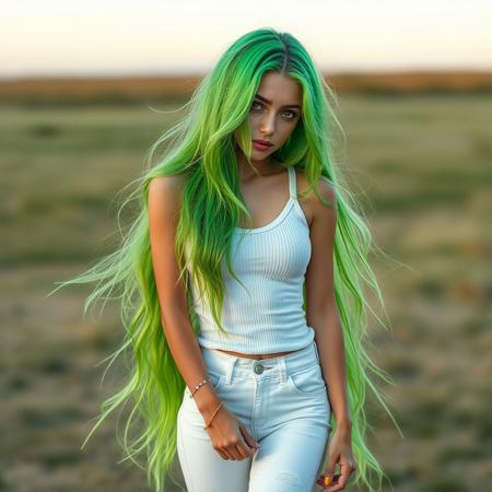 masterpiece, realistic, photography, 1girl, longest hair, neon green hair, full body, white jeans, wore jeans, white top tank