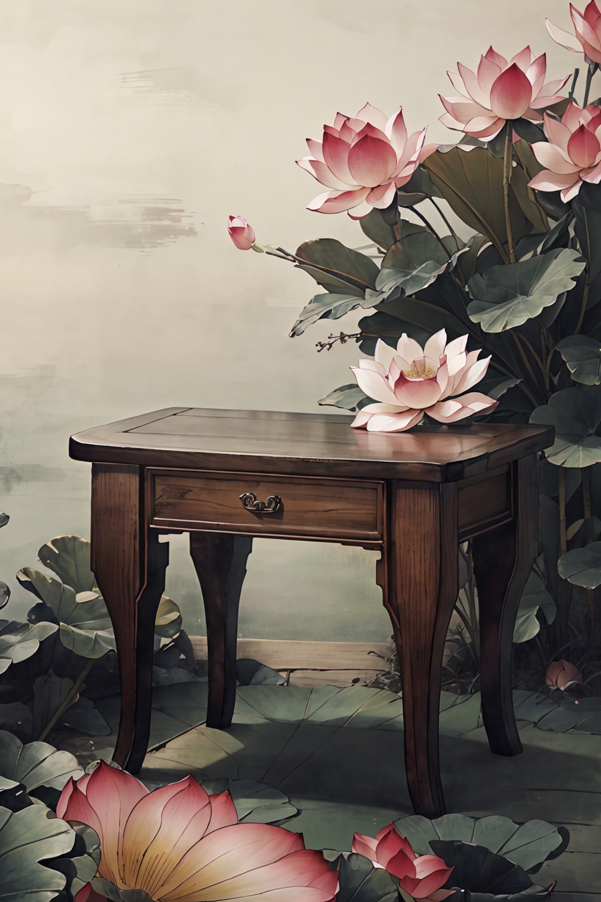 (masterpiece:0.8),best quality,
gongbiv,gongbi painting,no humans,flower,still life,table,leaf,pink flower,plant,simple ba...