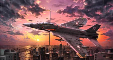 fighter jet, airplane, aircraft, sunset, raining, no humans, flying, city, skyscrapers, military,