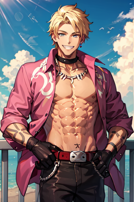 1boy, solo, abs, pink shirt, open shirt, blonde hair, necklace, grey eyes, dark-skinned male, tattoo, belt, black pants, pants, choker, black choker, brown loafers, brown shoes, shoes