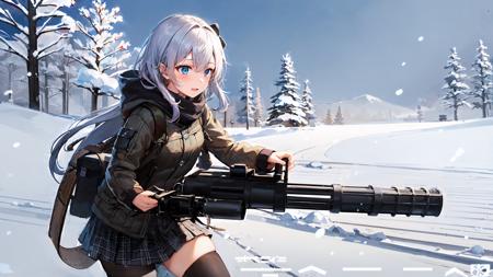 1girl,solo,m134minigun,holding gun,aiming,snow,winter,outdoors,<lora:m134v51024:.8>