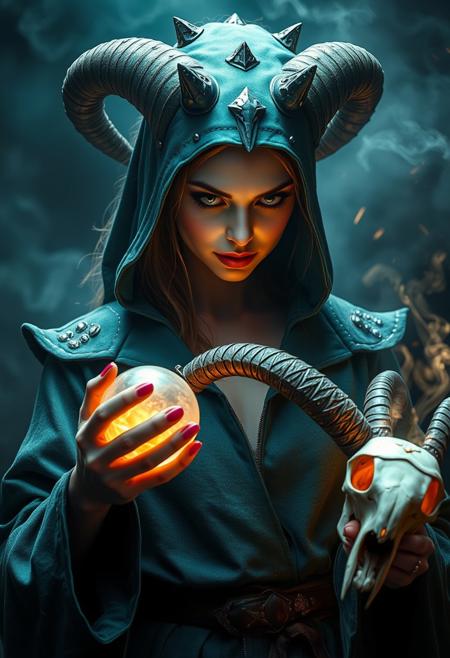 score_9, score_8_up, score_7_up, score_6_up, score_5_up, score_4_up, quality, intricate details, Mystical light. Fog. The feminine mage's severed head evil and mystical, with spiky robes that seem made of teal cloth with golden stitches. Epaulettes. a ball in one hand and mysterious goat skull in another hand, Rubies, symbolizing their magical power. Glow. a dark evil gaze that hints at their ancient knowledge and mystical prowess. alchemical laboratory, blending the natural with the magical, Soft natural lighting, High Definition HD, High Detail, Perfect Composition, ral-vudu, horror (theme), hud_s3v_h3ad, holding, holding head