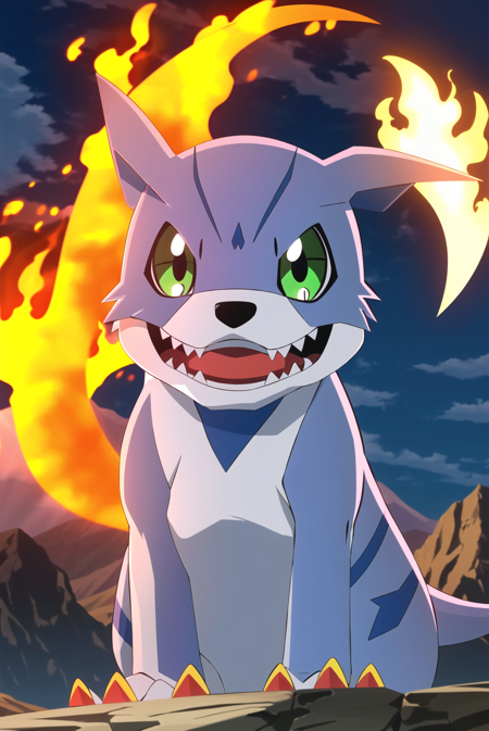 digimon, no humans, solo, green eyes, teeth, blurry, sharp teeth, outdoors, fire, digimon \(creature\), blurry background, fangs, sky, night, looking at viewer,   ((masterpiece)) <lora:digimon_offset:1>