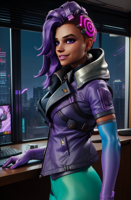 sombra, purple hair, asymmetrical hair, two-tone hair ,  purple eyes,  hair cables,  hair to side,  smile, 
elbow gloves,  purple jacket, pantyhose,  
standing,  upper body, 
night, city,  indoors, computers 
(insanely detailed, beautiful detailed face, beautiful detailed eyes, masterpiece, best quality),solo, 
cyberpunk,  <lora:sombraOW2-10:0.8>