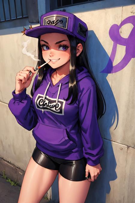 masterpiece, best quality,  <lora:cassettegirl-nvwls-v1-000009:0.9> cassettegirl, hat, purple hoodie, short shorts, cityscape, graffiti, grin, furrowed brow, from above, cowboy shot, holding cigarette, smoke