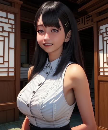 Rina,black hair,brown eyes,
white shirt,sleeveless,hairclip,
smile,looking at viewer,
standing,upper body,
east asian architecture,indoors,
(insanely detailed, beautiful detailed face, masterpiece, best quality),solo,<lora:Rina:0.8>,