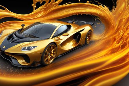 A golden hypercar (Liquid Splash Fluid Art:1.2) Golden Vortex: A golden hypercar hurtles through a swirling vortex of silvery liquid. The liquid spirals and twists, echoing the car's aerodynamic contours and reacting to its thunderous velocity. The spectacle, rendered using Cinema 4D's fluid simulation at an aperture of f/2.8, ISO 400, and a shutter speed of 1/60 sec, captures the thrilling interplay of power and elegance. The final render, polished using Gamma Correction and Tone Mapping, is a visually compelling depiction of kinetic energy and fluid dynamism, inspired by the works of Alex Roman and Beeple.