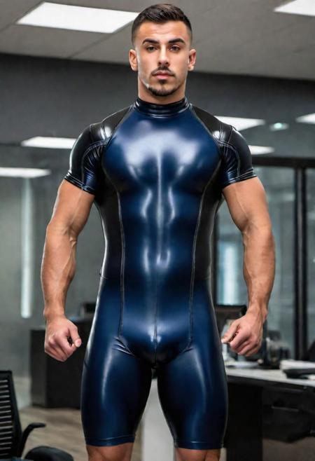 a photo-realistic strong 28-year-old Italian bodybuilder male with short military haircut, man, confused face, wearing a skin tight black latex catsuit with dark-blue details, wearing a skin tight black latex shorts, inside a office, soldier posture, dominant posture, looking at viewer, symmetrical eyes, fine details best quality, hyperdetailed face, photorealistic, highest quality, best shadow, high contrast, character design, moody, film grain, dark, highly detailed. photography, professional, 4k, 8k HD, highly detailed, professional, photography, detailed skin, detailed latex texture, realistic, photo-realistic, 8k, highly detailed, full length frame, High detail RAW color art, diffused soft lighting, shallow depth of field, sharp focus, hyperrealism, cinematic lighting, RAW candid cinema, 16mm, color graded portra 400 film, remarkable color, ultra realistic, textured skin, remarkable detailed pupils, realistic dull skin noise, visible skin detail, skin fuzz, dry skin, shot with cinematic camera
