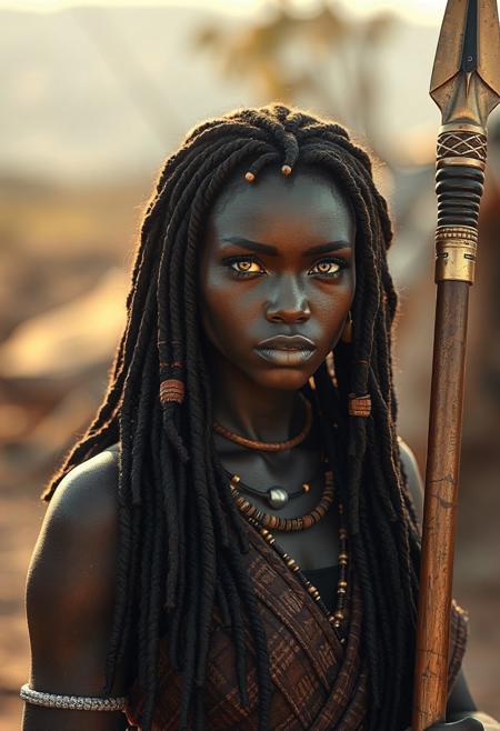 (masterpiece), (ultra realistic), (8k, cinematic lighting), (ambient_occlusion), (volumetric shadows), (rim lighting), ((exceptionally beautiful red-haired woman)), 22 years old beautiful woman, grey eyes, dark melanin skin, soft hourglass figure, long black coily hair with beads, wearing a zulu women warrior attire, outside holding a golden spear.