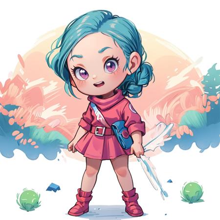 (masterpiece, best quality:1.2),
1girl bulma,  chibi,  aqua hair, blmshort, ((hair ribbon)), braided ponytail, red bowtie,   clothes writing, pink dress, scarf, belt, pink skirt,   full body, simple background, white background, <lora:justduet_sd15_01-000005:0.6> <lora:bulma_9:0.8>