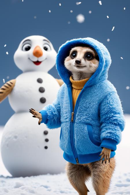candid photo of a tiny (anthropomorphic meerkat) wearing a blue furry fluffy hoodie sweater,  standing next to a giant snowman,  background is a winter wonderland,<lora:EMS-57135-EMS:0.600000>