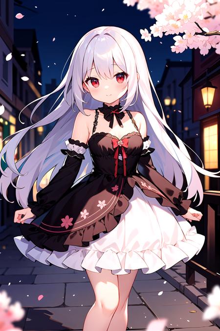 masterpiece, best quality, intricate, long hair, silver hair, red eyes, dress, frills, gothic,
street, night, cherry blossoms, depth of field, standing,