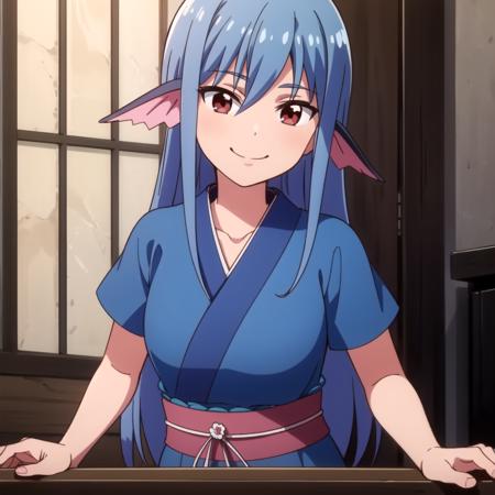 1girl, solo, long hair, red eyes, blue hair, head fins, short blue kimono, short pants, upper body, <lora:Leviathan:0.6>, smile