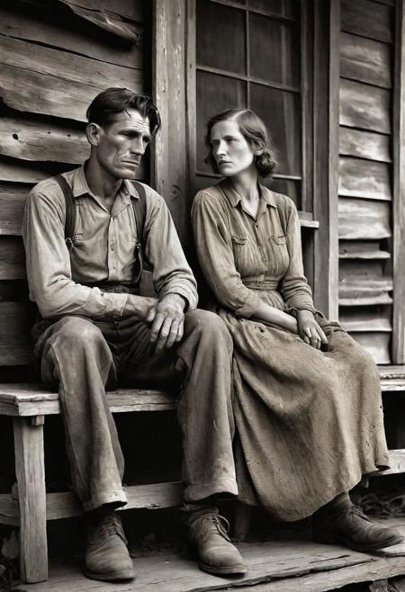 Ethereal photograph in the style of Dorothea Lange.  Depression era couple in dusty clothes sitting on a deteriorating old country porch
