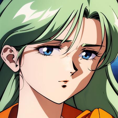 MiyukiAiba,1gilr,green hair,long hair,blue eyes,retro artstyle,1980s (style), orange dress, TekkamanRapier,powered armor,retro artstyle,1980s (style),