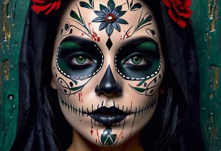 a tear of blood falls on a real mexican's catrina perfectly detailed face, The overall style is reminiscent of Jasper Johns's work, catrina with deep green eyes, one blood tear.The piece features a distorted, elongated face, expressing both joy and sorrow. The background showcases a series of sharp, jagged lines and shapes, evoking a sense of fear and fright.