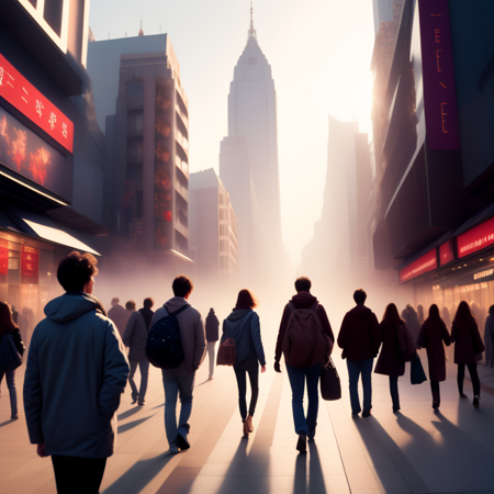 photo, a painting of a group of people walking through a city with a, Friendzone style