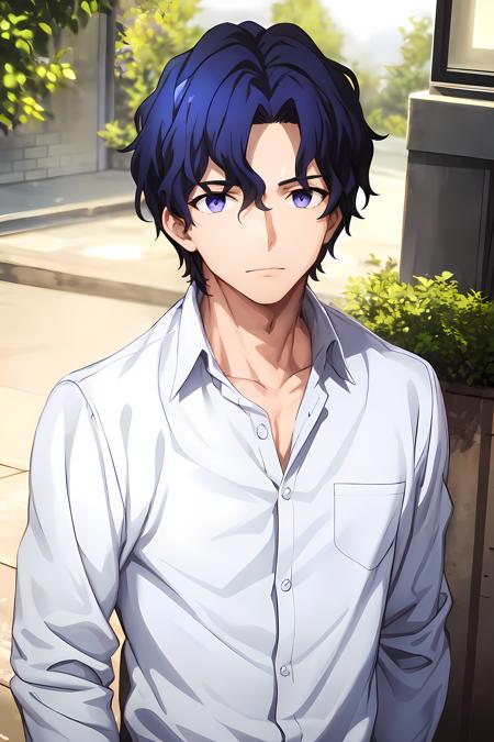 (masterpiece, best quality:1.2), highres, 1boy, solo, male focus,
ShinjiM_V1, blue hair, short hair, wavy hair, blue eyes, purple eyes,
white shirt, dress shirt, collarbone, long sleeves,
upper body, looking at viewer,
<lora:add_detail_CyberAlchemist:0.4>, <lora:GoodHands-beta2:0.8>, <lora:ShinjiM_V1:0.9>