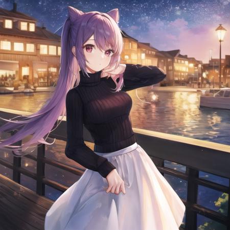 masterpiece, best quality, 1girl, sweater, looking at viewer, upper body, long skirt, outdoors, watercolor, night, turtleneck, full body, keqing, hairpin,