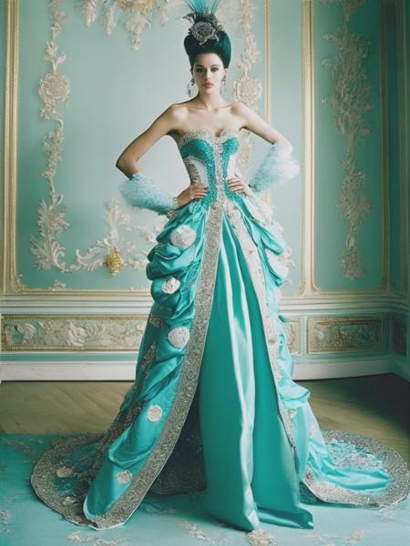 <lyco:TimWalker:1.0> full body shot of vogue magazine london 2006 image, photographed by Tim Walker, Fashion model inspired by rococo design, dynamic pose, detailed facial features,teal and white, photographed on grainy medium format Kodak Portra 800 film SMC Takumar 105mm f/2.8