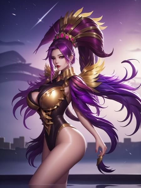 <lora:miyue_20230705150651:0.8>,hair ornament, pantyhos, bodysuit, feathers, ponytail, cityscape, lake, looking at viewer, jewelry, crown,huge breasts, arms behind back,