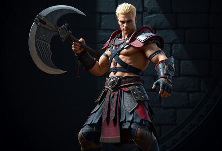 epic details A formidable Regenesis Warrior, muscular blonde male, dynamic action pose, wielding a large gray battle axe held with both hands. He wears an intricate red and black armored outfit, featuring a harness top and brown boots. Set against a dramatic, shadowed Labyrinth Wall background. Cinematic lighting, high contrast, sharp focus, vibrant colors, intricate details, rendered in Octane and Unreal Engine 5, matte painting, trending on Artstation, 8k resolution, impeccable composition.