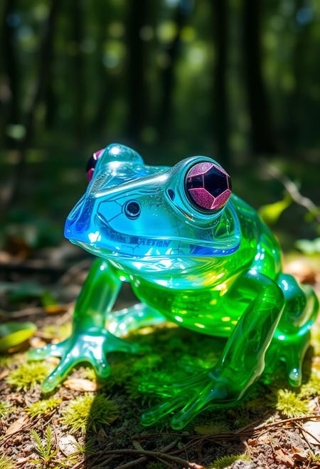 In a surreal forest clearing, imagine a radiant crystal frog. Its transparent blue head sparkles in the dappled sunlight, revealing deep purple eyes that gleam with an otherworldly intelligence. The intricately detailed green crystal body refracts light, creating a captivating play of colors. Nature and fantasy converge in this enchanting image