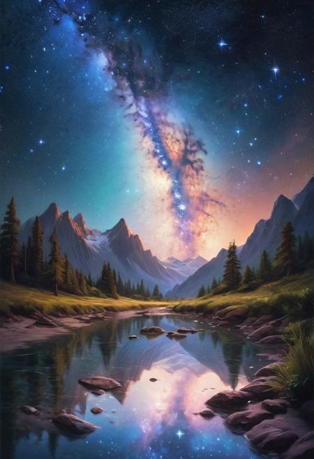 nature photo, landscape, starry sky, milky way, canvas, oil, natural colors, by Ross Tran