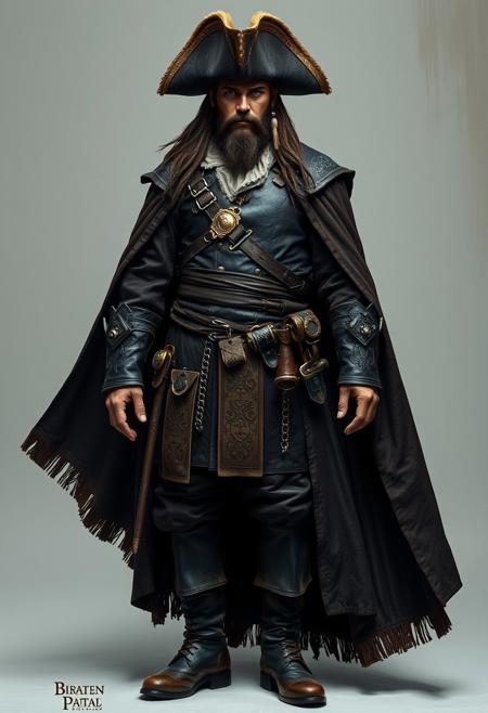 a pirate captain, full shot, handsome, heroic, epic, iron and leather armour, dark clothes, oriental damask ornaments, long cape, in the style of restrained palette, distressed materials, realistic color schemes, hieratic visionary, figura serpentinata, nicola samori, bold yet graceful , pirate boots, alexander McQueen fashion costume style, light grey background studio, oil painting style