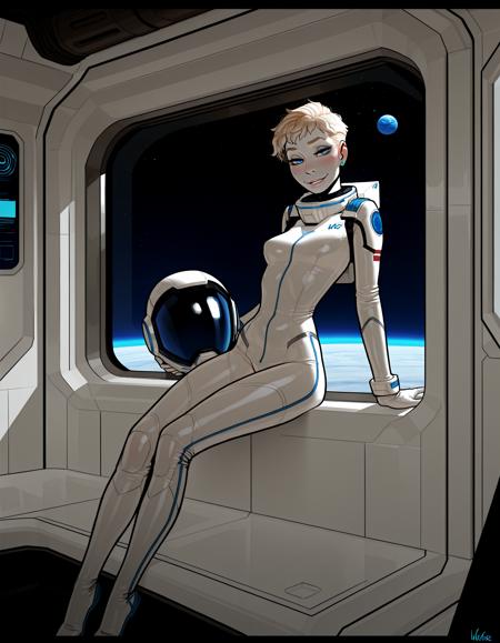 IllustriousQual, detailed face,
very tall woman, solo, very short blonde hair, pixie cut, blue eyes, pale skin, small breasts, very long legs,
flirty smiling, wearing a spacesuit and helmet, on a space station, posing in an airlock, view of blue planet out of window,
<lora:incaseIllustrious:0.8> incase style,