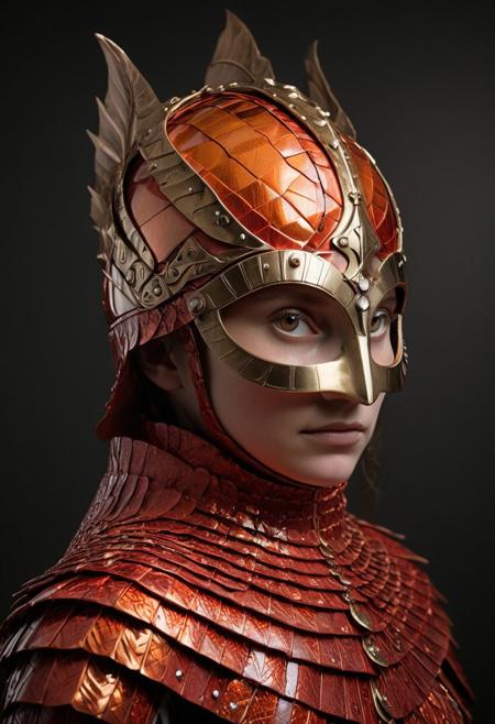 Photorealistic oil painting of (bright orange eyes) (half-dragon warrior-queen:1.2) (Cloak 1:1) with (intricate metallic red brass scales), 58-year-old, (medieval fantasy clothing:1.2), grimdark fantasy, (dragon-style-helmet: 1.49) (mythical-helmet) (medieval) fantasy, high fantasy, epic fantasy, (upper body:1.3) (medium shot:1.3) taken with (fujifilm xt3:1.1), film grain, dark style, raking light dramatic hard shadows, (dramatic lighting:0.9), material contrast, cinematic composition, intricate details, masterpiece, visually stunning, evocative, vivid deep hues, brass, red Crystal, (body transformation:1.2), <dhevv:ds-style:rsd1.5>, realistic eyes, scaleborn, scales, woman,royal, busty, massive breasts, k cup size breasts, red armor, (anglo-saxon-helmet: 1.38) (phrygian: 1.49) (bronze dragon head dragon face on helmet) (dragon face on helmet: 1.49) (symmetrical helmet) (front view) (beautiful) (winged helmet: 1 39)  (Teutonic-helmet: 1.19)