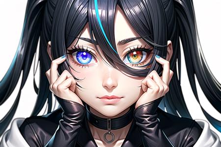 focus face, solo, 1girl, hair over face, hair covering face, dark blue hair, (heterochromia:1.25),(glowing eyes:1.3),cute face, smirk, neck, choker, collarbone, cleavage, white collar, coat collar, white coat collar 