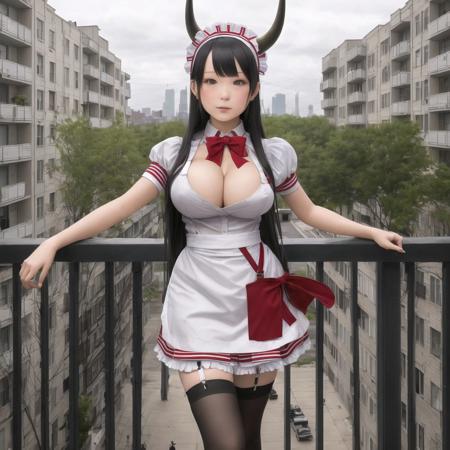 <lora:citygrayness_v4:1.0>, citygrayness, a large building with balconies and balconies on the top of it and a clock tower in the background, 1girl, alternate costume, ammunition, apron, black footwear, black legwear, blush, breasts, cleavage, enmaided, high heels, highres, horns, long hair, looking at viewer, maid, maid headdress, mary janes, medium breasts, red eyes, sexually suggestive, shoes, short sleeves, solo, thigh-highs, waist apron, white hair, wrist cuffs